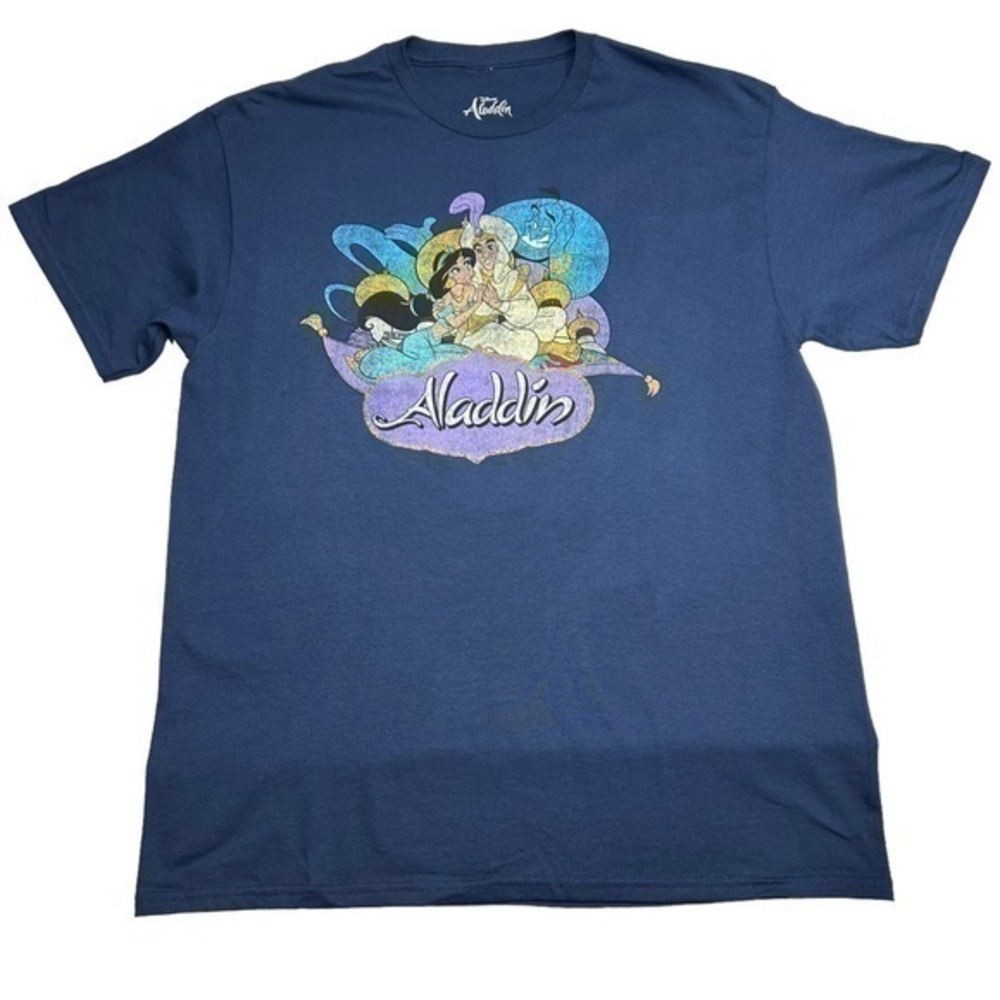 Disney Mens T-Shirt Aladdin Graphic Characters Faded Out Logo Navy Size Large